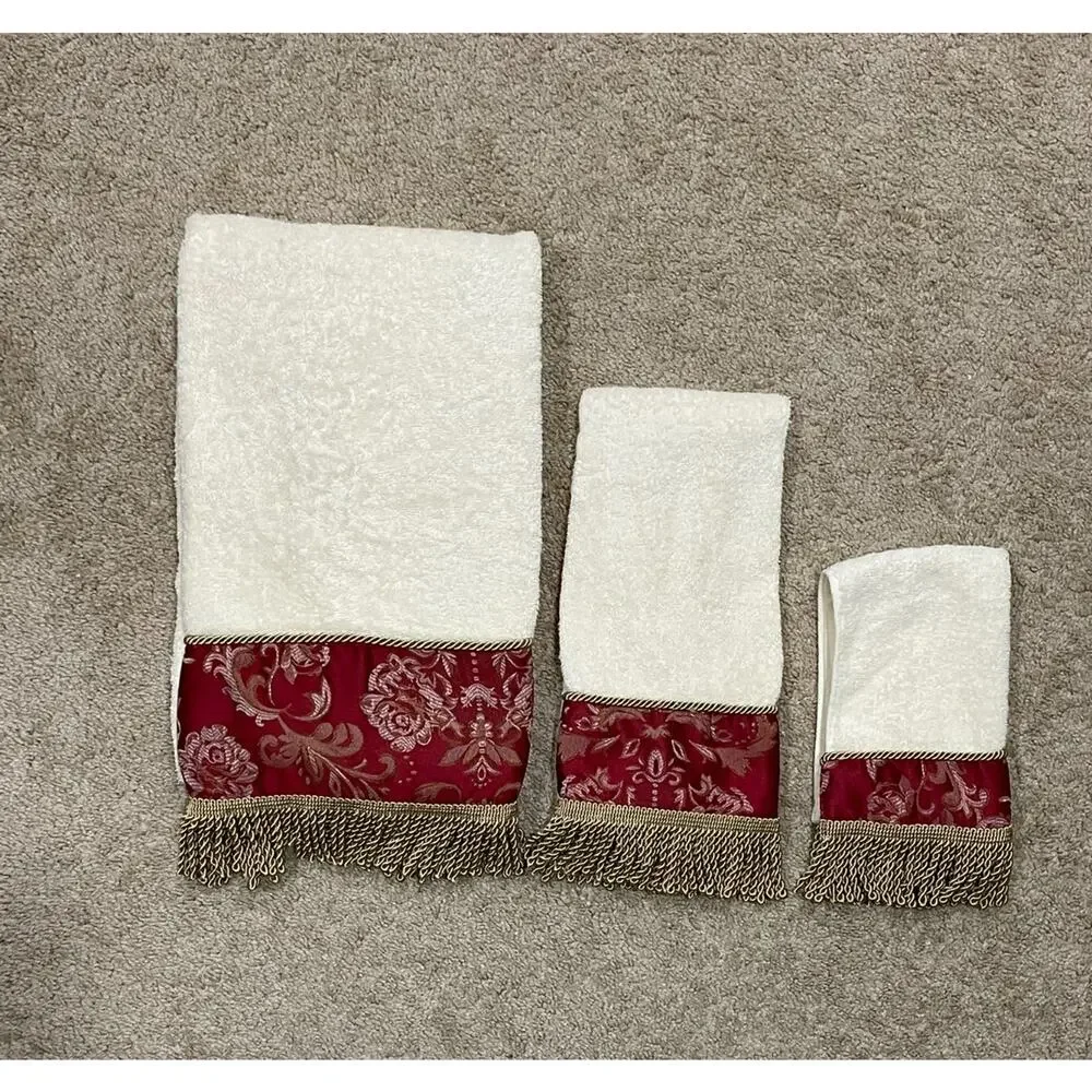 Croscill Burgundy Gold 3 Pc Hand & Bath Towel Set Tassel Fringe Damask Rose
